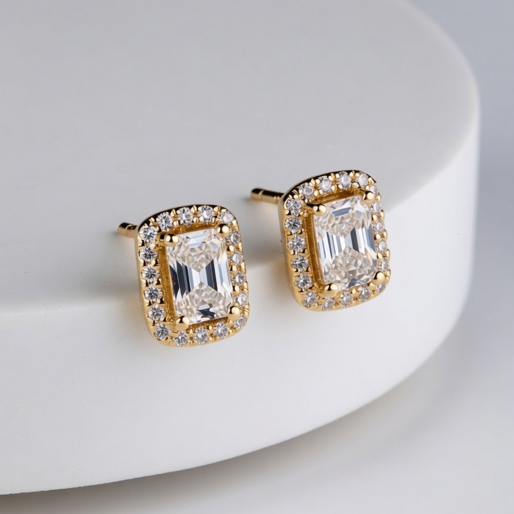 Emerald Cut Halo Earrings in 18K Yellow Gold