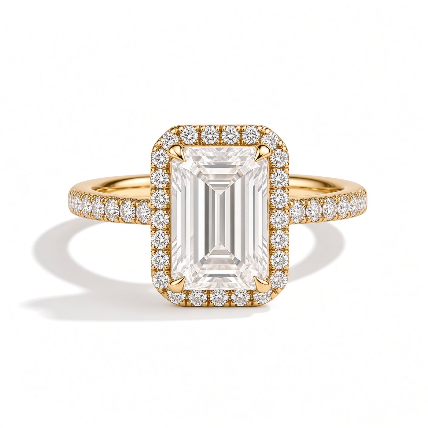 Emerald Halo Ring, Half Pavé in 18K Yellow Gold