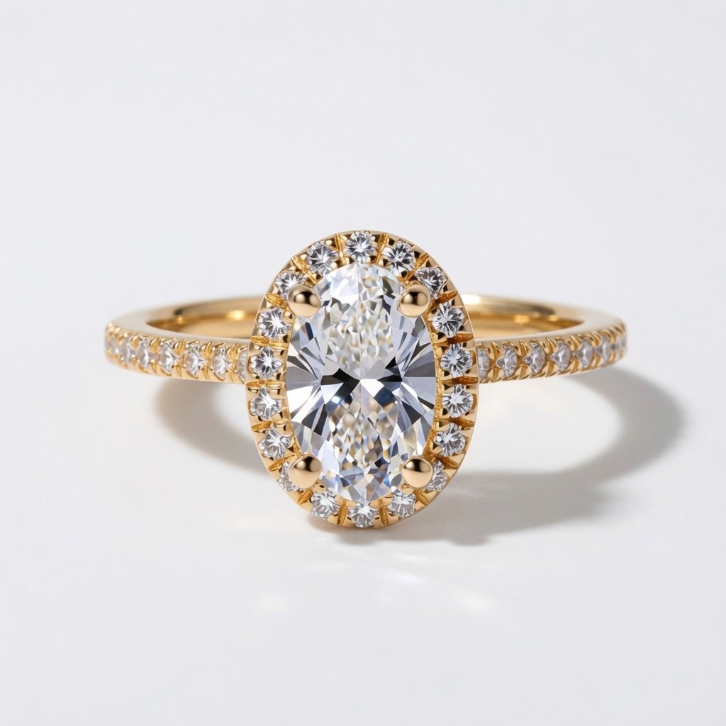 Oval Halo Ring, Half Pavé in 18K Yellow Gold