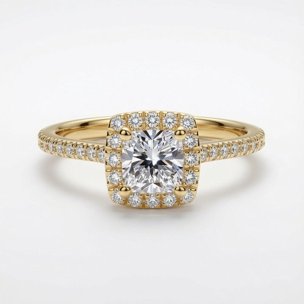 Princess Halo Ring, Half Pavé in 18K Yellow Gold