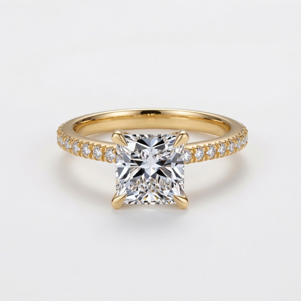 Princess on Pavé Band in 18K Yellow Gold