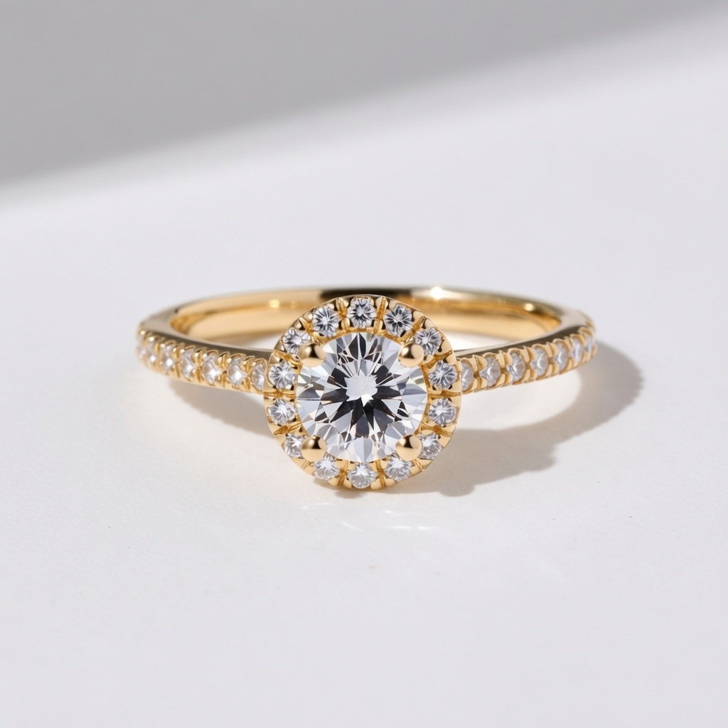 Round Halo Ring, Half Pavé in 18K Yellow Gold