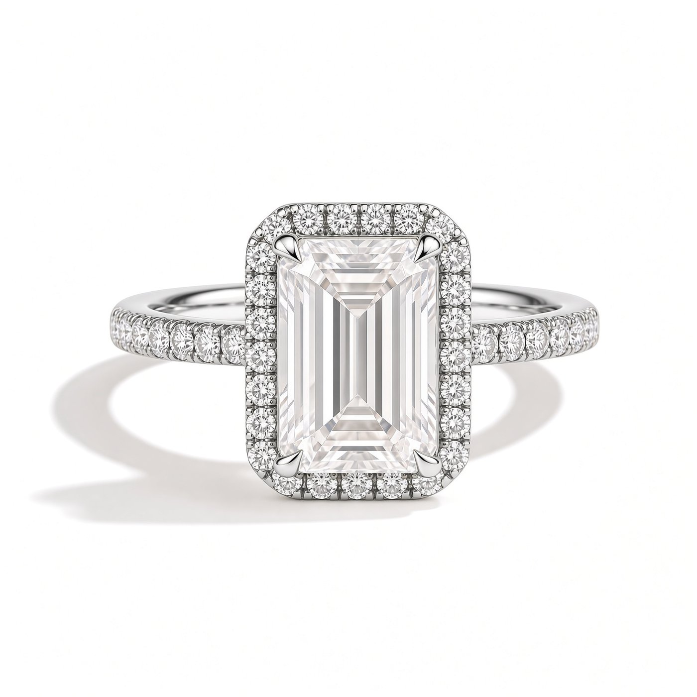 Emerald Halo Ring, Half Pavé in 925 Sterling Silver