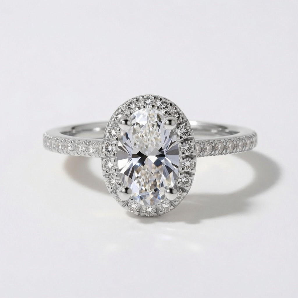 Oval Halo Ring, Half Pavé in 925 Sterling Silver