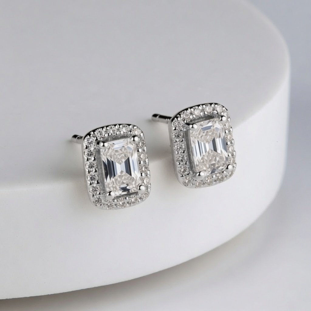 Emerald Cut Halo Earrings in 18K White Gold
