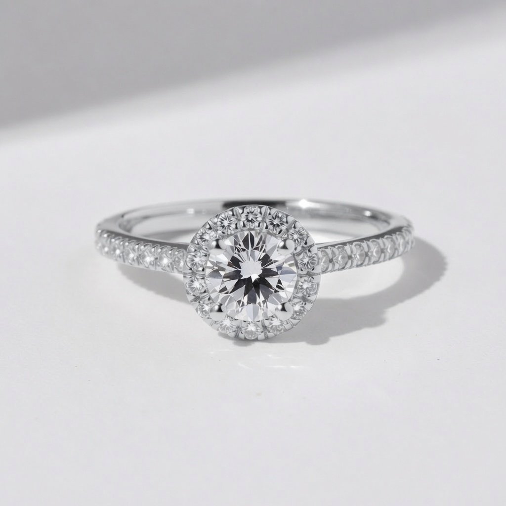 Round Halo Ring, Half Pavé in 18K White Gold